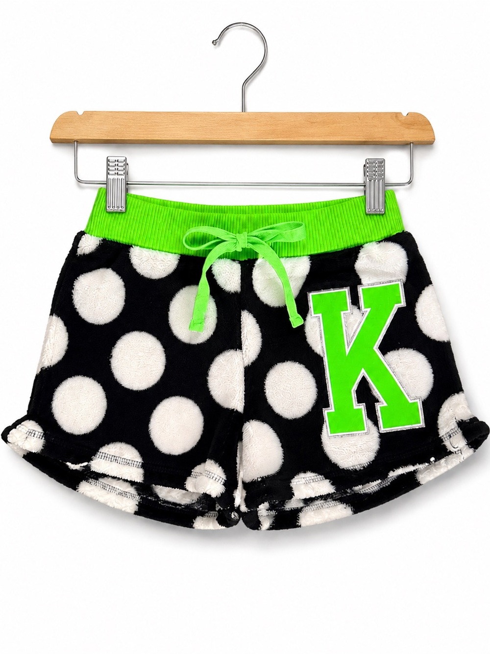 Justice Girls Black White Polka Dot Fleece Pajama Shorts Neon Green Initial K 5